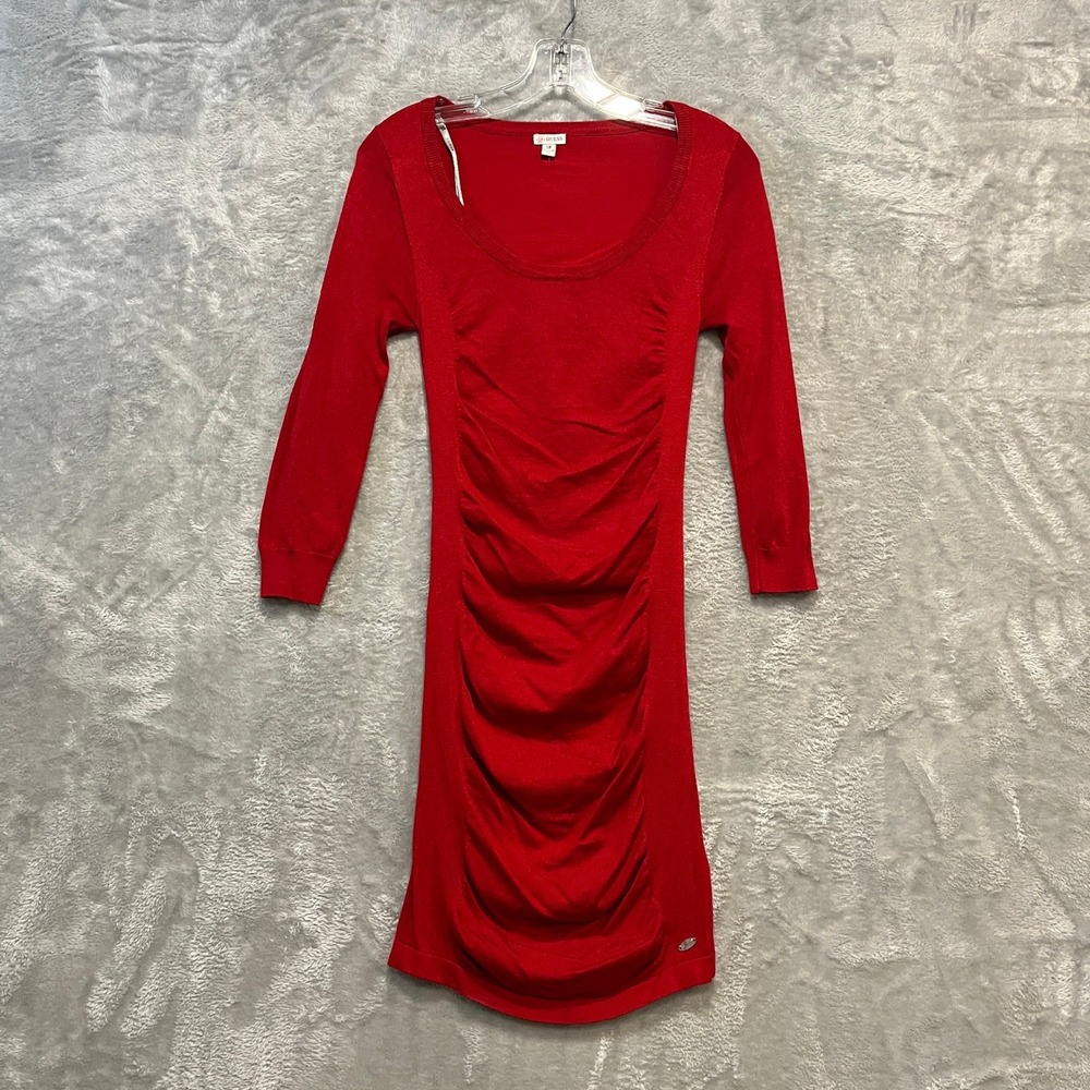 GUESS Sweater Dress Women‎ Small Red Ruched Scoop Neck 3/4 Sleeve Knit Bodycon